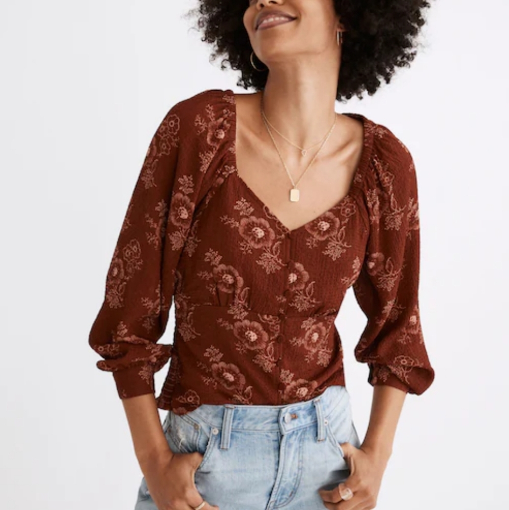 Madewell Floral Button‎ Front Long Sleeve Crop Top Brown Boho Blouse Size Small